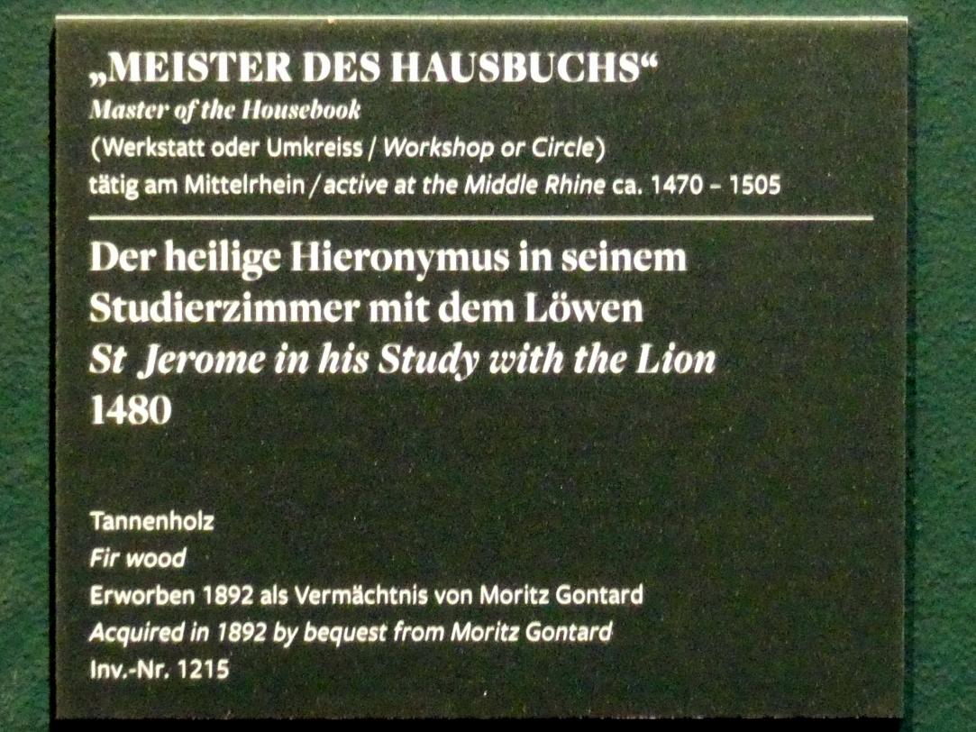 Meister des Hausbuchs (1477–1502), Der hl. Hieronymus in seinem Studierzimmer mit dem Löwen, Frankfurt am Main, Städel Museum, 2. Obergeschoss, Saal 3, 1480, Bild 2/2