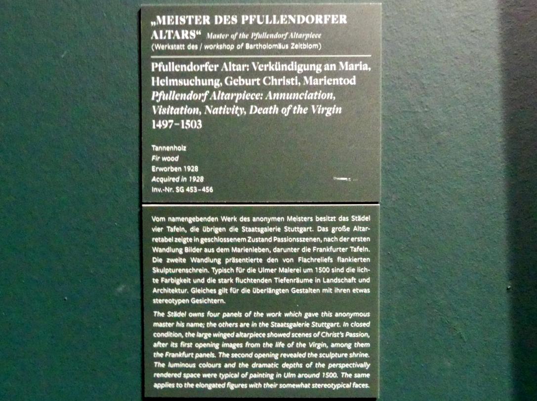 Meister des Pfullendorfer Altars (1500), Pfullendorfer Altar: Verkündigung an Maria, Heimsuchung, Geburt Christi, Marientod, Pfullendorf, Stadtpfarrkirche St. Jakob, jetzt Frankfurt am Main, Städel Museum, 2. Obergeschoss, Saal 4, um 1497–1503, Bild 6/6