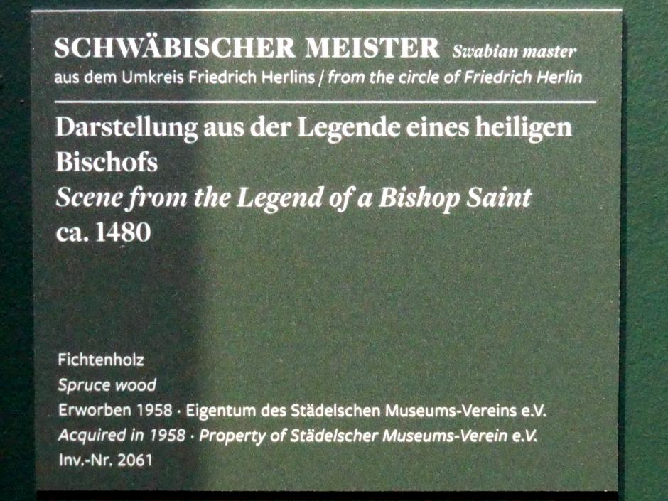 Friedrich Herlin (Umkreis) (1480), Darstellung aus der Legende eines heiligen Bischofs, Frankfurt am Main, Städel Museum, 2. Obergeschoss, Saal 4, um 1480, Bild 2/2