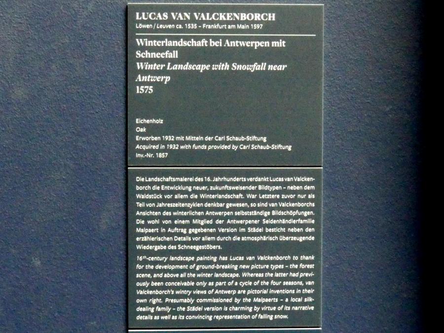 Lucas van Valckenborch (1556–1595), Winterlandschaft bei Antwerpen mit Schneefall, Frankfurt am Main, Städel Museum, 2. Obergeschoss, Saal 5, 1573, Bild 2/2