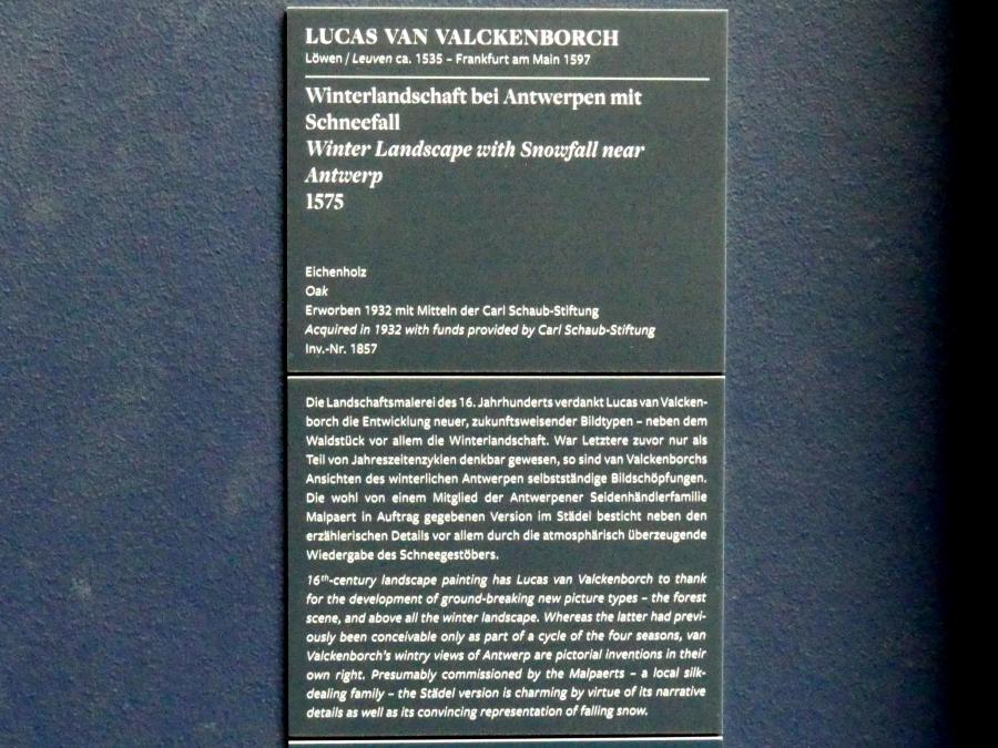 Lucas van Valckenborch (1556–1595), Winterlandschaft bei Antwerpen mit Schneefall, Frankfurt am Main, Städel Museum, 2. Obergeschoss, Saal 5, 1573, Bild 2/2