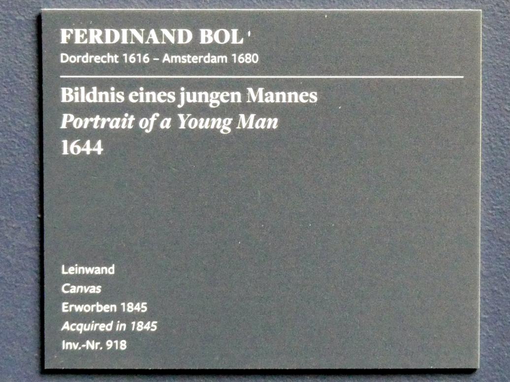 Ferdinand Bol (1643–1665), Bildnis eines jungen Mannes, Frankfurt am Main, Städel Museum, 2. Obergeschoss, Saal 6, 1644, Bild 2/2