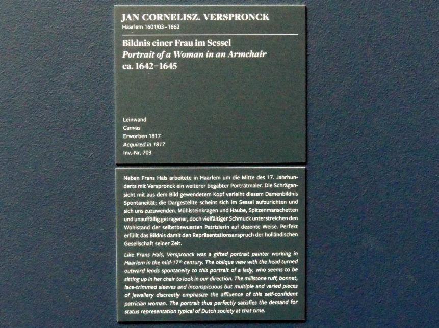 Jan Cornelisz Verspronck (1641–1650), Bildnis einer Frau im Sessel, Frankfurt am Main, Städel Museum, 2. Obergeschoss, Saal 6, um 1642–1645, Bild 2/2