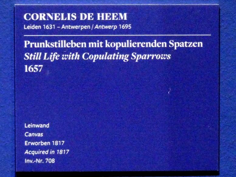 Cornelis de Heem (1657–1670), Prunkstillleben mit kopulierenden Spatzen, Frankfurt am Main, Städel Museum, 2. Obergeschoss, Saal 8, 1657, Bild 2/2
