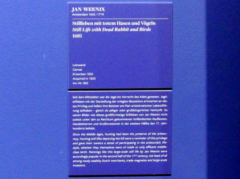Jan Weenix (1661–1713), Stillleben mit totem Hasen und Vögeln, Frankfurt am Main, Städel Museum, 2. Obergeschoss, Saal 8, 1681, Bild 2/2