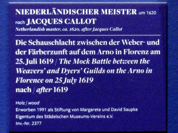 Jacques Callot (Nachfolger) (1620), Die Schauschlacht zwischen der Weber- und der Färberzunft auf dem Arno in Florenz am 25.Juli 1619, Frankfurt am Main, Städel Museum, 2. Obergeschoss, Saal 9, nach 1619, Bild 2/2
