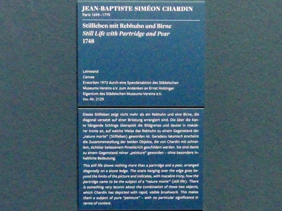 Jean Siméon Chardin (1725–1768), Stillleben mit Rebhuhn und Birne, Frankfurt am Main, Städel Museum, 2. Obergeschoss, Saal 17, 1748, Bild 2/2