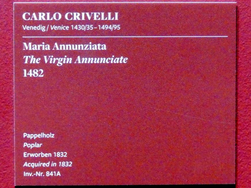 Carlo Crivelli (1472–1492), Maria Annunziata, Frankfurt am Main, Städel Museum, 2. Obergeschoss, Saal 13, 1482, Bild 2/2