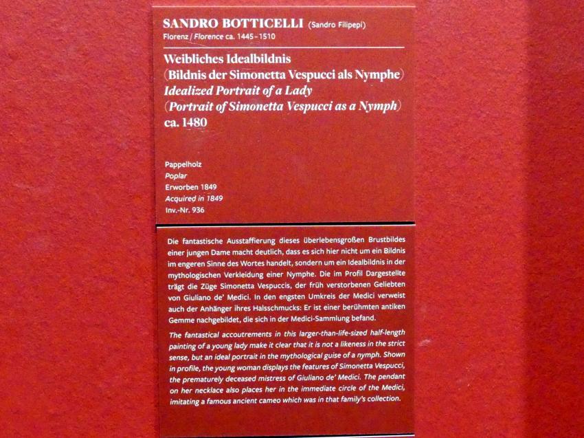 Sandro Botticelli (1462–1500), Weibliches Idealbildnis (Bildnis der Simonetta Vespucci als Nymphe), Frankfurt am Main, Städel Museum, 2. Obergeschoss, Saal 13, um 1480, Bild 2/2