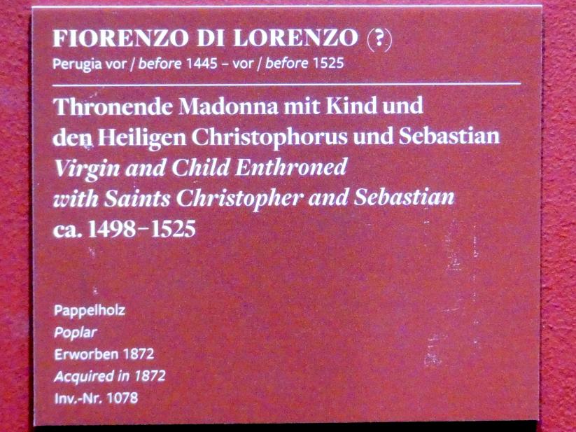 Fiorenzo di Lorenzo (1476–1522), Thronende Madonna mit Kind und den hll. Christophorus und Sebastian, Frankfurt am Main, Städel Museum, 2. Obergeschoss, Saal 13, um 1498–1525, Bild 2/2