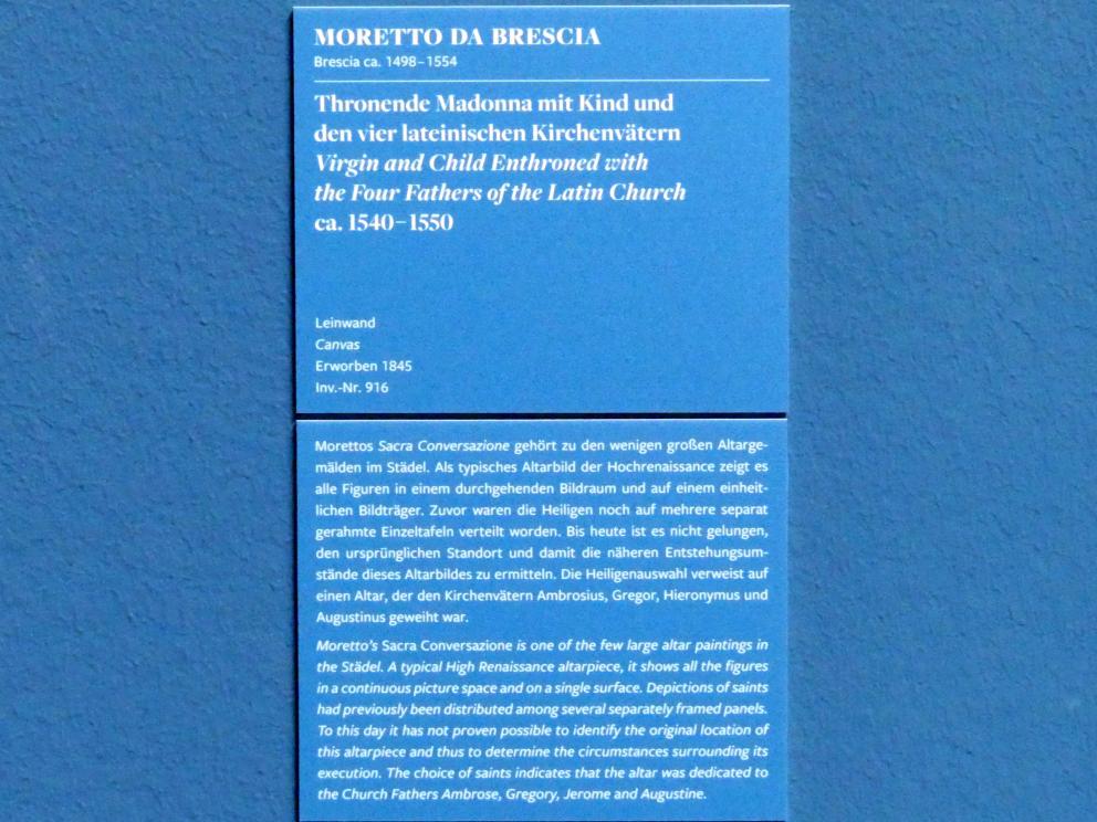 Alessandro Bonvicino (Moretto) (1517–1554), Thronende Madonna mit Kind und den vier lateinischen Kirchenvätern, Frankfurt am Main, Städel Museum, 2. Obergeschoss, Saal 15, um 1540–1550, Bild 2/2