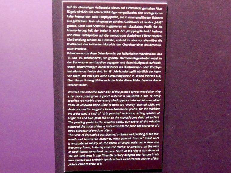 Meister der Madonna von Covarrubias (1450), Ruhe auf der Flucht nach Ägypten, Rückseite: Fingierte Marmorplatte in Steinrahmen, Frankfurt am Main, Städel Museum, 2. Obergeschoss, Saal 20, um 1450, Bild 4/4