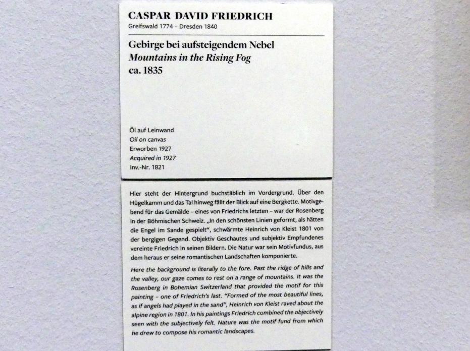 Caspar David Friedrich (1798–1836), Gebirge bei aufsteigendem Nebel, Frankfurt am Main, Städel Museum, 1. Obergeschoss, Saal 2, um 1835, Bild 2/2