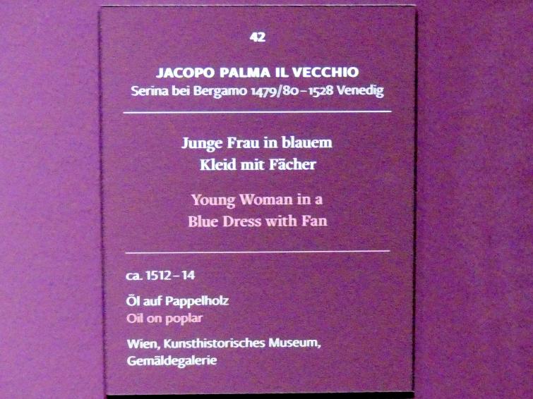 Jacopo Palma il Vecchio (Jacomo Nigretti de Lavalle) (1500–1526), Junge Frau in blauem Kleid mit Fächer, Frankfurt, Städel, Ausstellung "Tizian und die Renaissance in Venedig" vom 13.02. - 26.05.2019, Teil 1, Raum 5, um 1512–1514, Bild 2/2