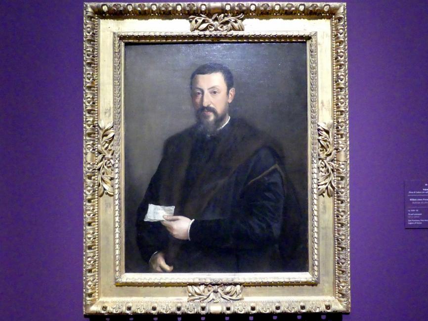 Tiziano Vecellio (Tizian) (1509–1575), Bildnis eines Freundes von Tizian, Frankfurt, Städel, Ausstellung "Tizian und die Renaissance in Venedig" vom 13.02. - 26.05.2019, Teil 2, Raum 1, um 1540–1550, Bild 1/2