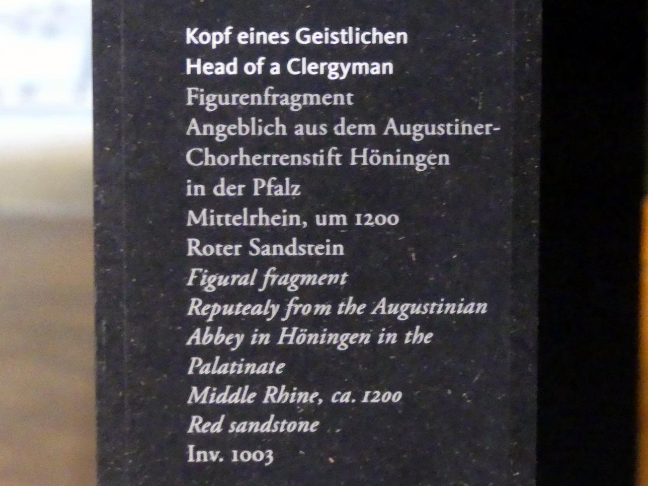 Kopf eines Geistlichen, Höningen, ehem. Augustinerkloster, jetzt Frankfurt am Main, Liebieghaus Skulpturensammlung, Mittelalter 1 - Tradition und Aufbruch, um 1200, Bild 2/2