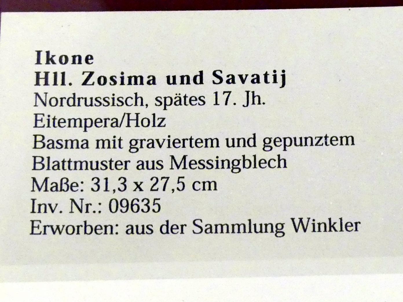 Heilige Zosima und Savatij, Frankfurt am Main, Ikonen-Museum, Obergeschoss, Ende 17. Jhd., Bild 2/2