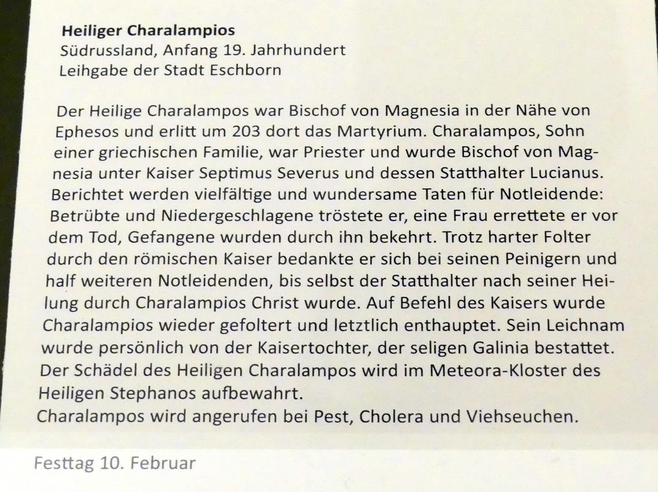 Heiliger Charalampios, Frankfurt am Main, Ikonen-Museum, Obergeschoss, Beginn 19. Jhd., Bild 2/2