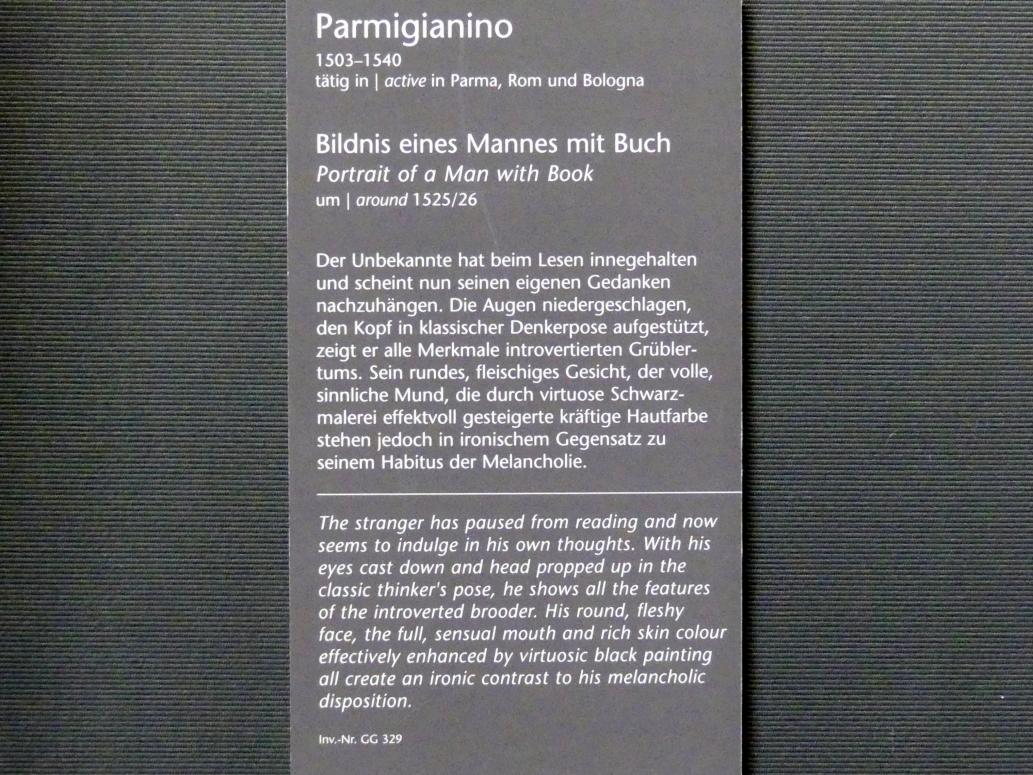 Parmigianino (Girolamo Francesco Maria Mazzola) (1519–1539), Bildnis eines Mannes mit Buch, Wien, Kunsthistorisches Museum, Kabinett 3, um 1525–1526, Bild 2/2