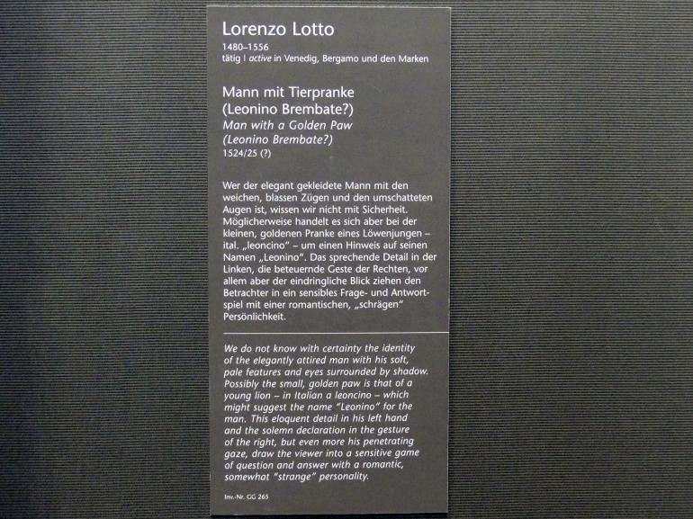 Lorenzo Lotto (1503–1549), Mann mit Tierpranke (Leonino Brembate?), Wien, Kunsthistorisches Museum, Kabinett 3, um 1524–1525, Bild 2/2