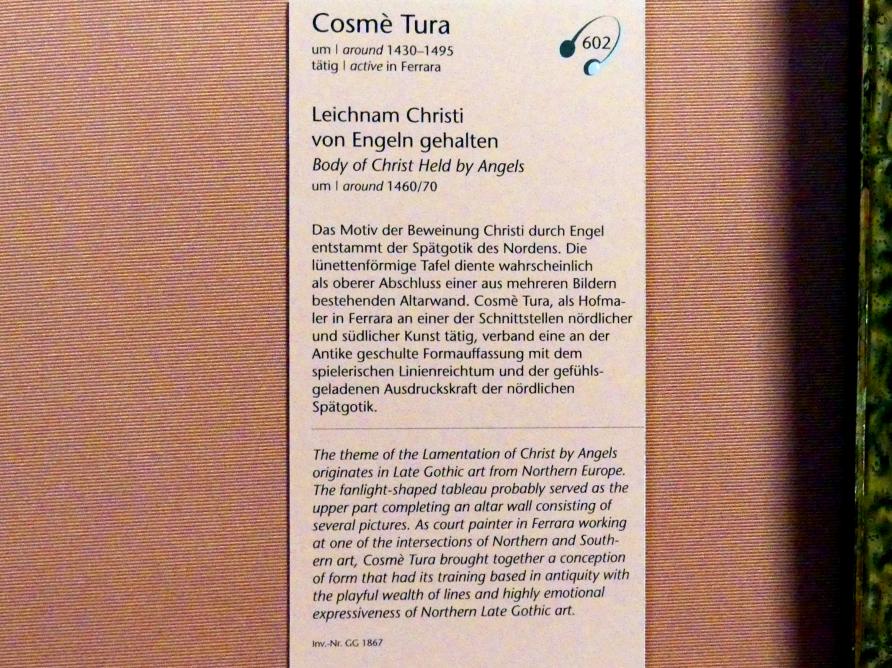 Cosmè (Cosimo) Tura (1457–1486), Leichnam Christi von Engeln gehalten, Wien, Kunsthistorisches Museum, Kabinett 5, um 1460–1470, Bild 2/2