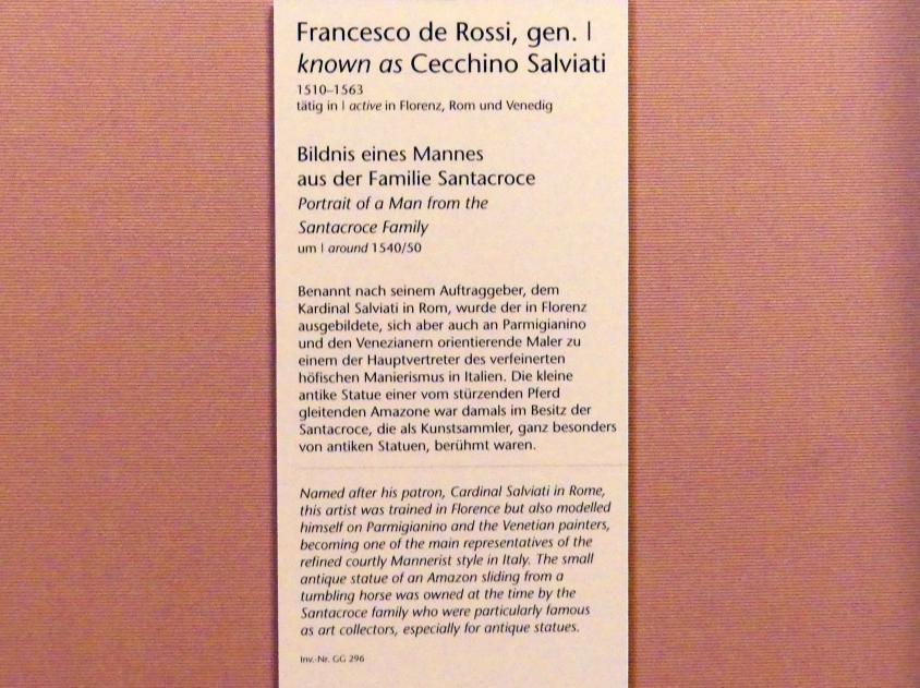 Francesco Salviati (1539–1548), Bildnis eines Mannes aus der Familie Santacroce, Wien, Kunsthistorisches Museum, Kabinett 9, um 1540–1550, Bild 2/2