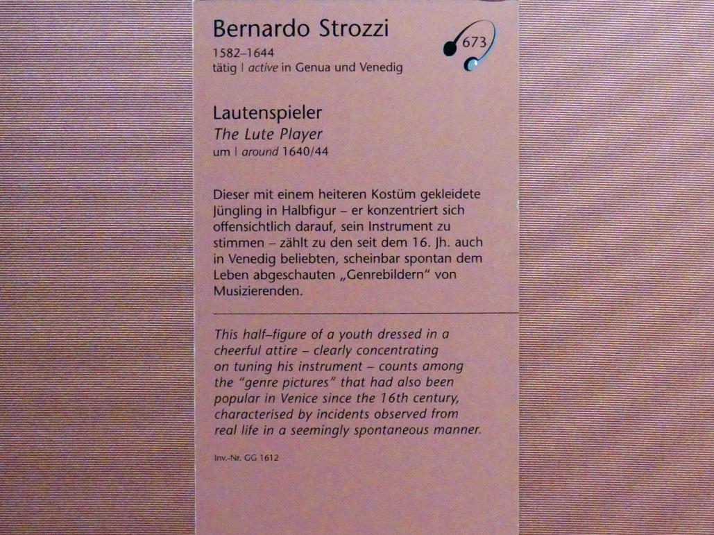 Bernardo Strozzi (1622–1644), Lautenspieler, Wien, Kunsthistorisches Museum, Kabinett 11, um 1640–1644, Bild 2/2