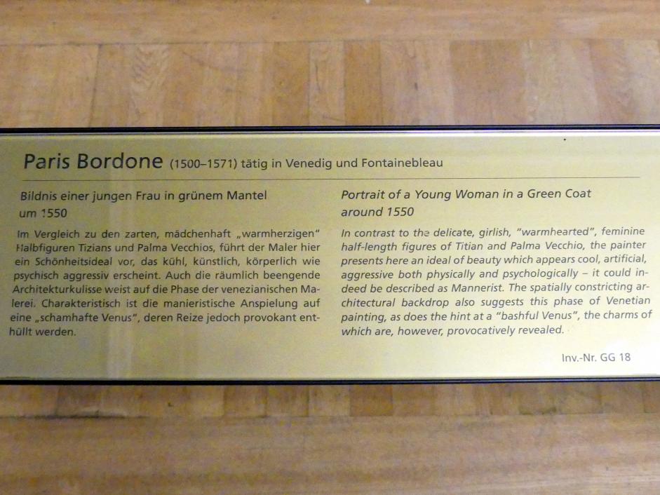 Paris Bordone (1523–1560), Bildnis einer jungen Frau in grünem Mantel, Wien, Kunsthistorisches Museum, Saal XV, um 1550, Bild 2/2
