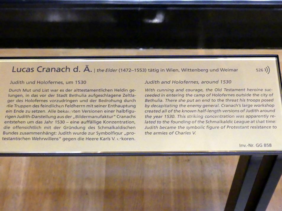 Lucas Cranach der Ältere (1502–1550), Judith und Holofernes, Wien, Kunsthistorisches Museum, Saal IX, um 1530, Bild 2/2