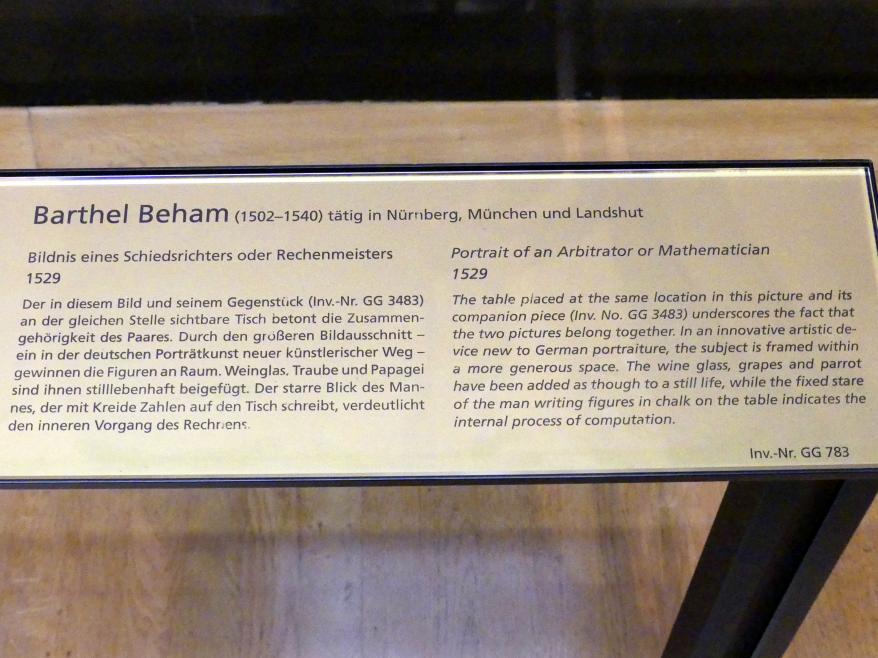 Barthel Beham (1523–1540), Bildnis eines Schiedsrichters oder Rechenmeisters, Wien, Kunsthistorisches Museum, Saal IX, 1529, Bild 2/2