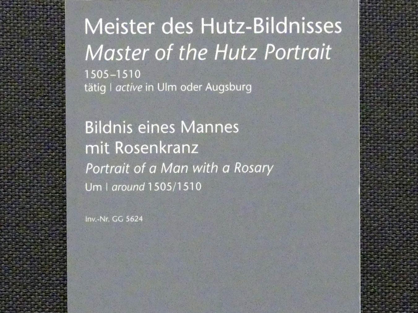 Meister des Hutz-Bildnisses (1507), Bildnis eines Mannes mit Rosenkranz, Wien, Kunsthistorisches Museum, Kabinett 14, um 1505–1510, Bild 2/2