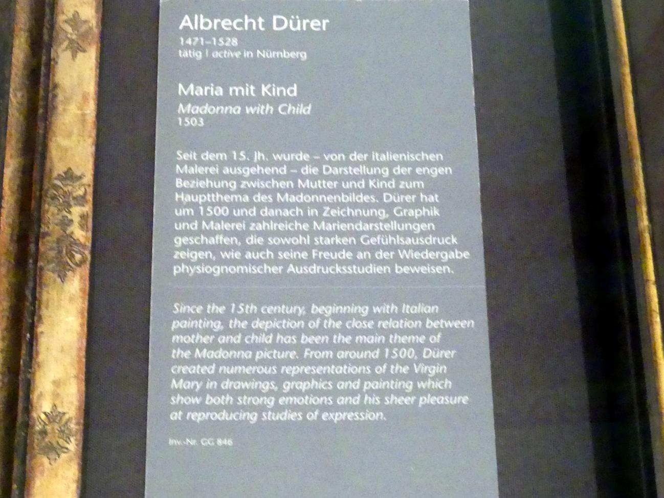 Albrecht Dürer (1490–1526), Maria mit Kind, Wien, Kunsthistorisches Museum, Kabinett 14, um 1503, Bild 2/2