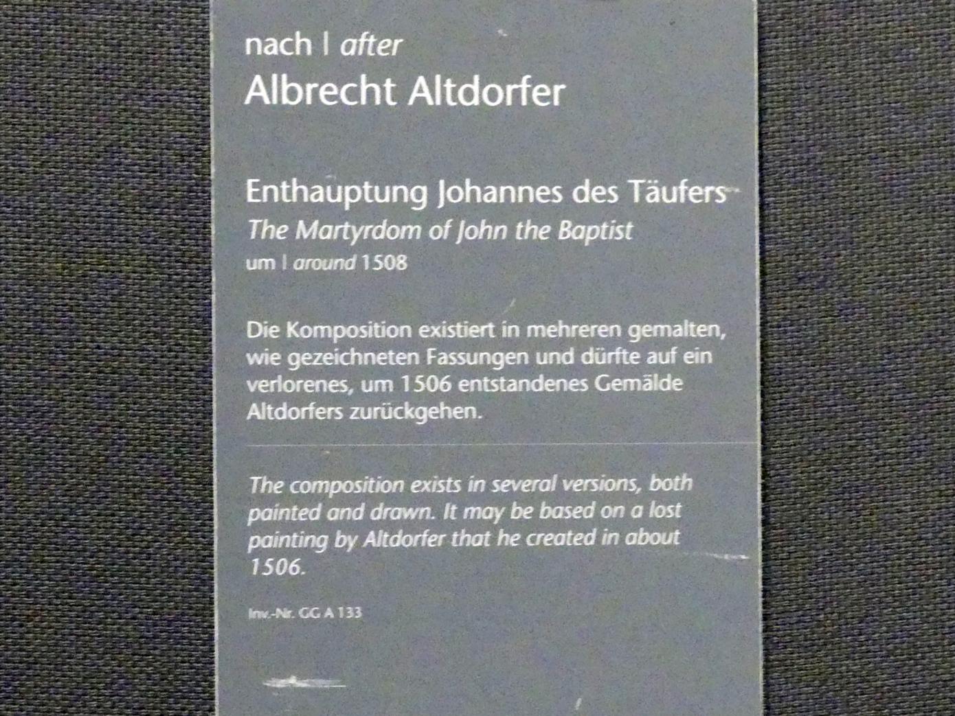 Albrecht Altdorfer (1507–1537), Enthauptung Johannes des Täufers, Wien, Kunsthistorisches Museum, Kabinett 14, um 1508, Bild 2/2