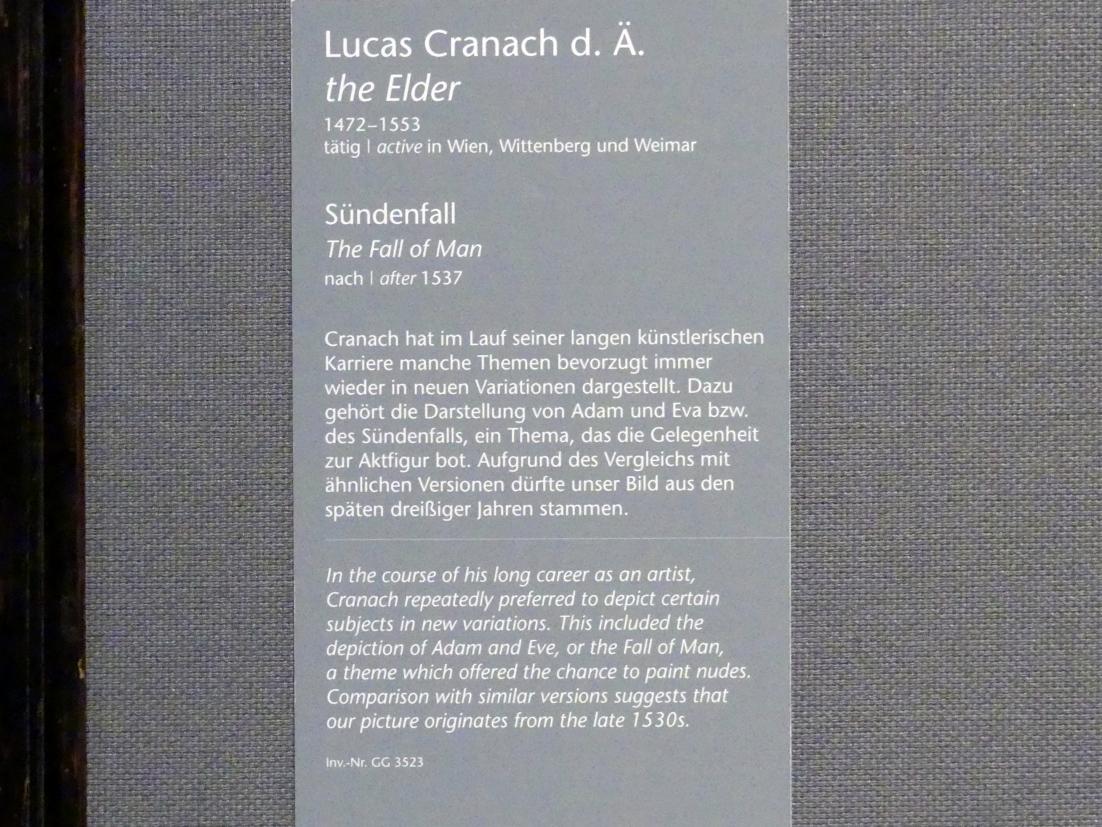 Lucas Cranach der Ältere (1502–1550), Sündenfall, Wien, Kunsthistorisches Museum, Kabinett 14, nach 1537, Bild 2/2
