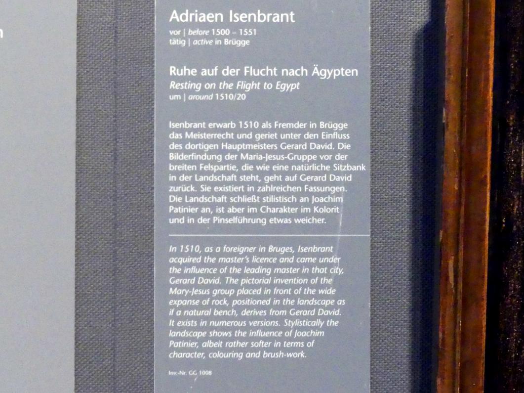 Adriaen Isenbrant (1512–1537), Ruhe auf der Flucht nach Ägypten, Wien, Kunsthistorisches Museum, Kabinett 15, um 1510–1520, Bild 2/2