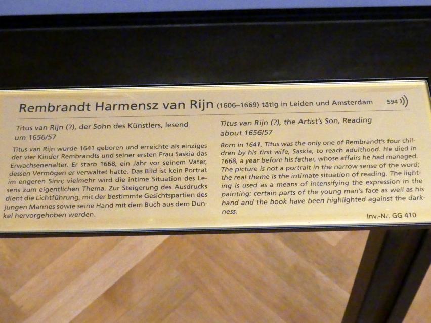 Rembrandt (Rembrandt Harmenszoon van Rijn) (1627–1669), Titus von Rijn (?), der Sohn des Künstlers, lesend, Wien, Kunsthistorisches Museum, Kabinett 18, um 1656–1657, Bild 2/2