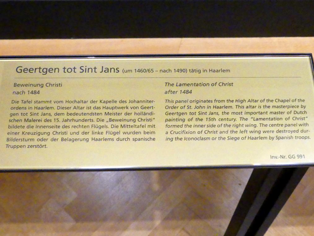 Geertgen tot Sint Jans (1482–1490), Beweinung Christi, Haarlem, Janskerk (Kapelle des Johanniterordens), jetzt Wien, Kunsthistorisches Museum, Kabinett 21, nach 1484, Bild 2/2