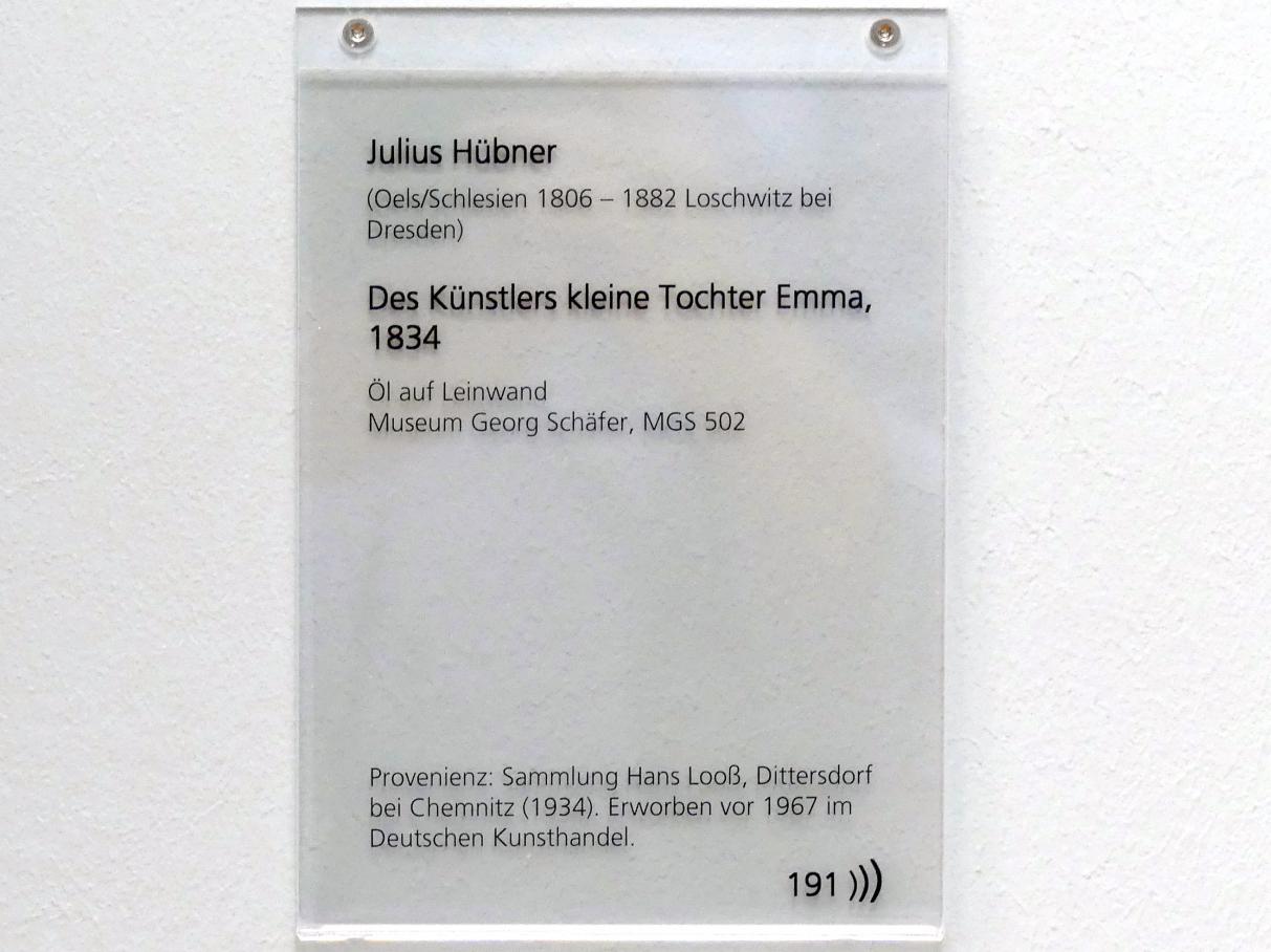 Julius Hübner (1829–1839), Des Künstlers kleine Tochter Emma, Schweinfurt, Museum Georg Schäfer, Saal 15, 1834, Bild 2/2