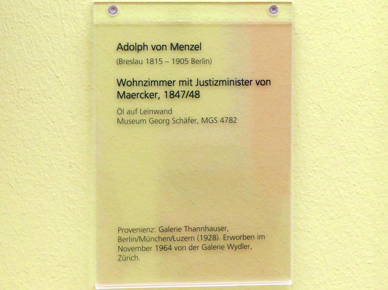 Adolph von Menzel (1844–1888), Wohnzimmer mit Justizminister von Maercker, Schweinfurt, Museum Georg Schäfer, Saal 7, um 1847–1848, Bild 2/3