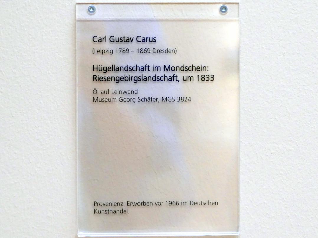 Carl Gustav Carus (1819–1845), Hügellandschaft im Mondschein: Riesengebirgslandschaft, Schweinfurt, Museum Georg Schäfer, Saal 14, um 1833, Bild 2/2