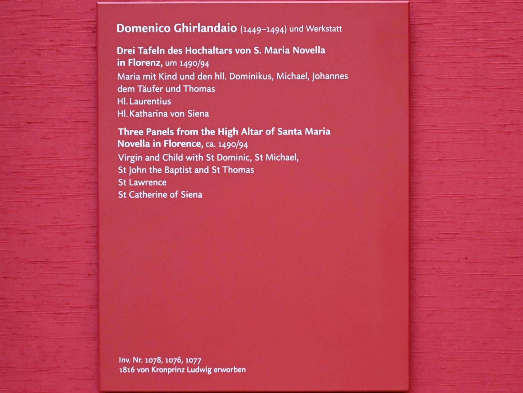 Domenico Ghirlandaio (1473–1494), Drei Tafeln des Hochaltars von S. Maria Novella in Florenz, Florenz, Basilika Santa Maria Novella, jetzt München, Alte Pinakothek, Obergeschoss Saal IV, um 1490–1494, Bild 5/6