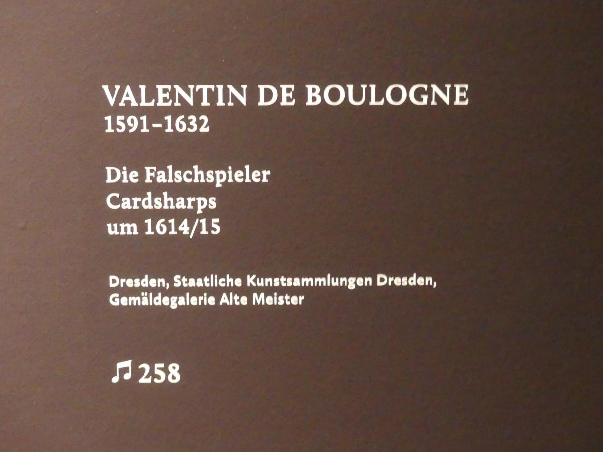 Valentin de Boulogne (1614–1631), Die Kartenspieler, München, Alte Pinakothek, Ausstellung "Utrecht, Caravaggio und Europa" vom 17.04.-21.07.2019, Sünder: Wahrsager und Spieler, um 1614–1615, Bild 2/2