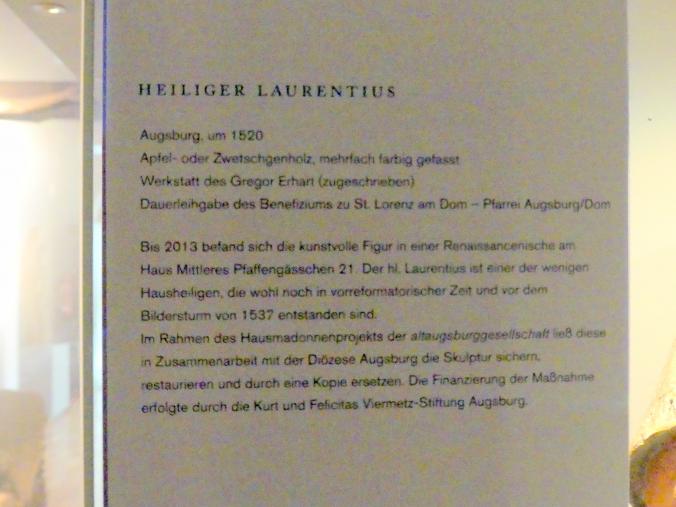 Gregor Erhart (Werkstatt) (1520), Heiliger Laurentius, Augsburg, Maximilianmuseum, Sakrale Bildwerke aus Augsburg, um 1520, Bild 2/2