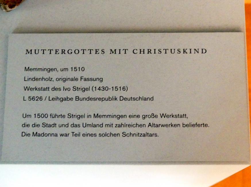 Ivo Strigel (Werkstatt) (1502–1510), Muttergottes mit Christuskind, Augsburg, Maximilianmuseum, Sammlung Röhrer, um 1510, Bild 2/2