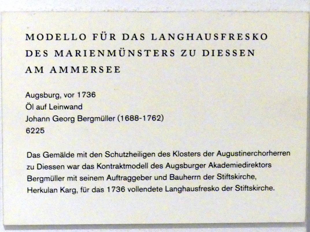 Johann Georg Bergmüller (1709–1762), Modello für das Langhausfresko des Marienmünsters zu Diesen am Ammersee, Dießen am Ammersee, ehem. Augustinerchorherren-Stiftskirche, heute Pfarrkirche Marienmünster Mariä Himmelfahrt, jetzt Augsburg, Maximilianmuseum, Kunstakademie Augsburg, vor 1736, Bild 2/2