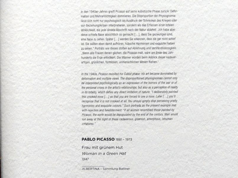Pablo Picasso (1897–1972), Frau mit grünem Hut, Wien, Albertina, Sammlung Batliner, Saal 8, 1947, Bild 2/2