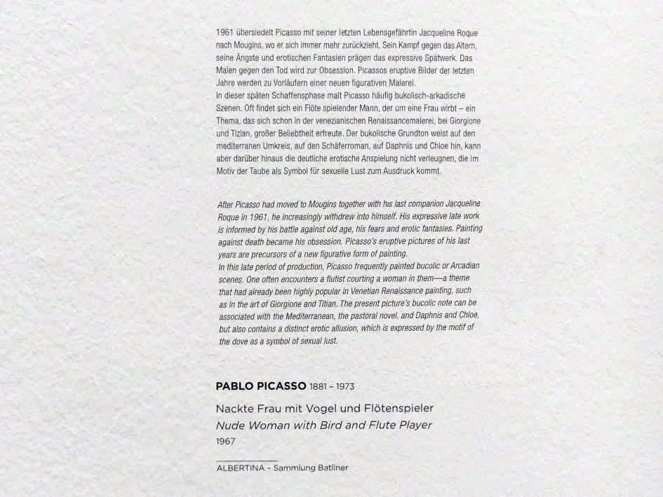 Pablo Picasso (1897–1972), Nackte Frau mit Vogel und Flötenspieler, Wien, Albertina, Sammlung Batliner, Saal 8, 1967, Bild 2/2