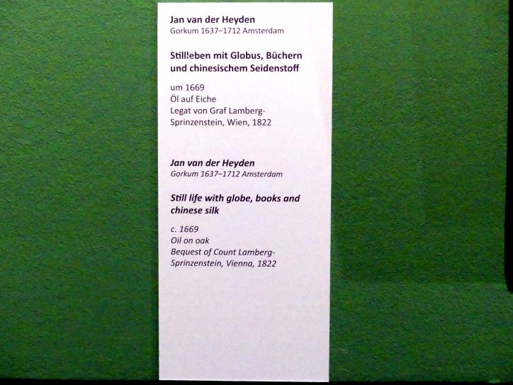 Jan van der Heyden (1652–1712), Stillleben mit Globus, Büchern und chinesischem Seidenstoff, Wien, Akademie der bildenden Künste, um 1669, Bild 2/2