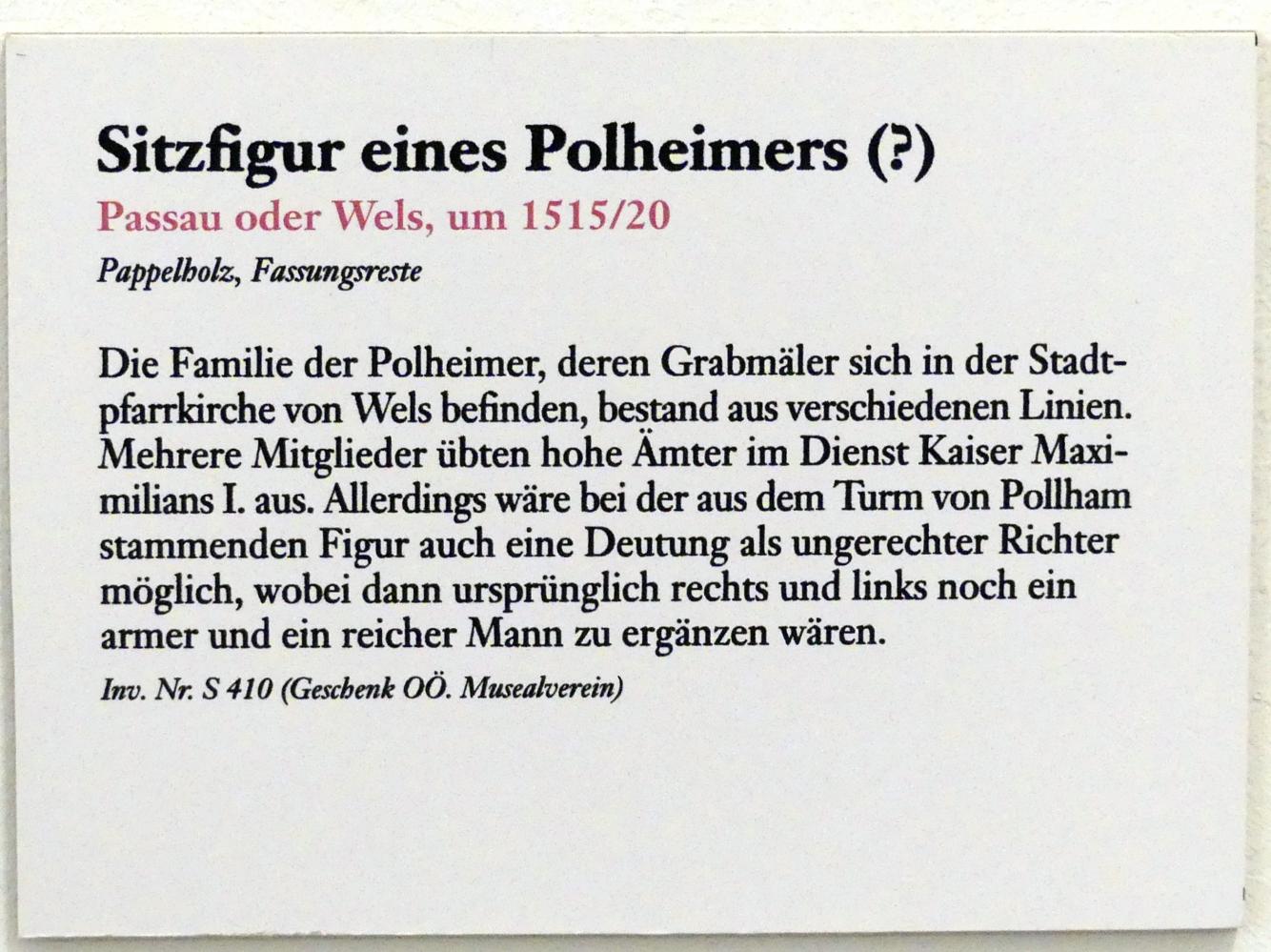 Sitzfigur eines Polheimers (?), Linz, Oberösterreichisches Landesmuseum, Die Kunst der Donauschule, um 1515–1520, Bild 3/3