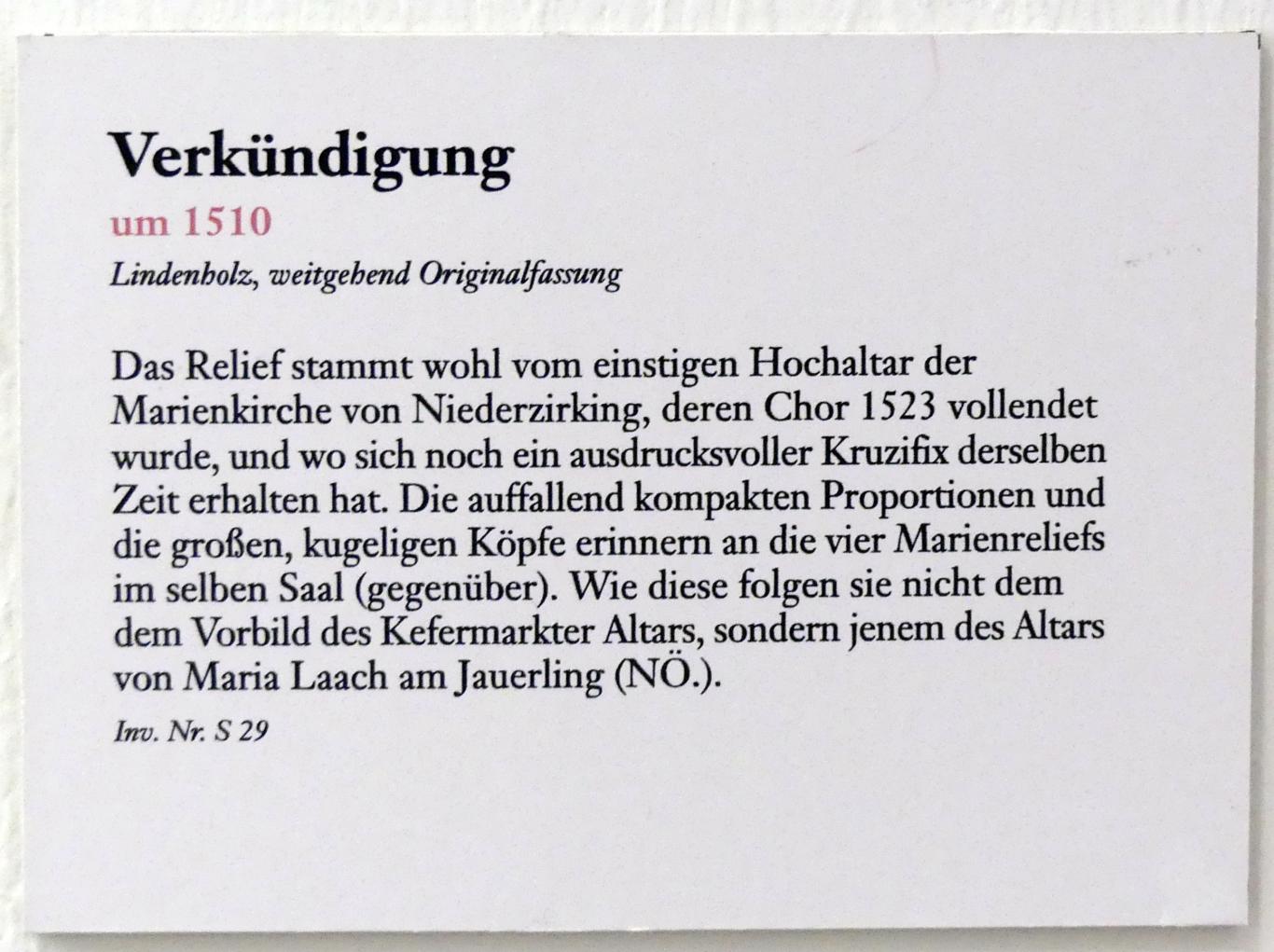 Verkündigung, Niederzirking, Filialkirche Mariä Himmelfahrt, jetzt Linz, Oberösterreichisches Landesmuseum, Die Zeit der Schnitzaltäre, um 1510, Bild 2/2
